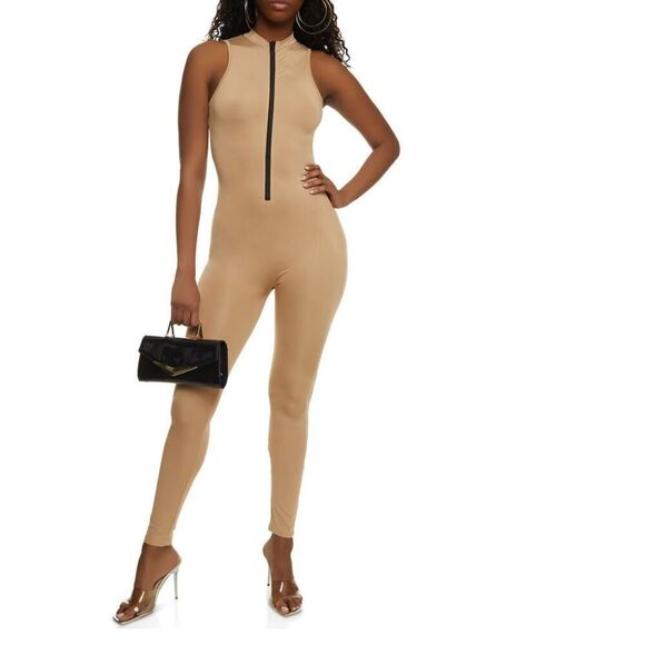 Daisy Solid Mock Neck Zip Front Sleeveless Catsuit in Taupe Small - Picture 1 of 3